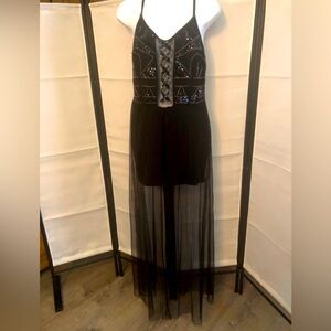 Shorts jumpsuit with sheer skirt overlay